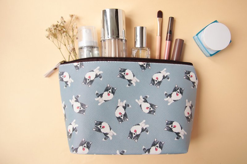 Momo Border Collie Cosmetic Bag - Toiletry Bags & Pouches - Faux Leather Gray
