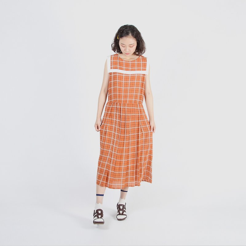 [Egg Plant Vintage] Orange Fruit Sailor Collar Sleeveless Plaid Print Vintage Dress - One Piece Dresses - Polyester Orange