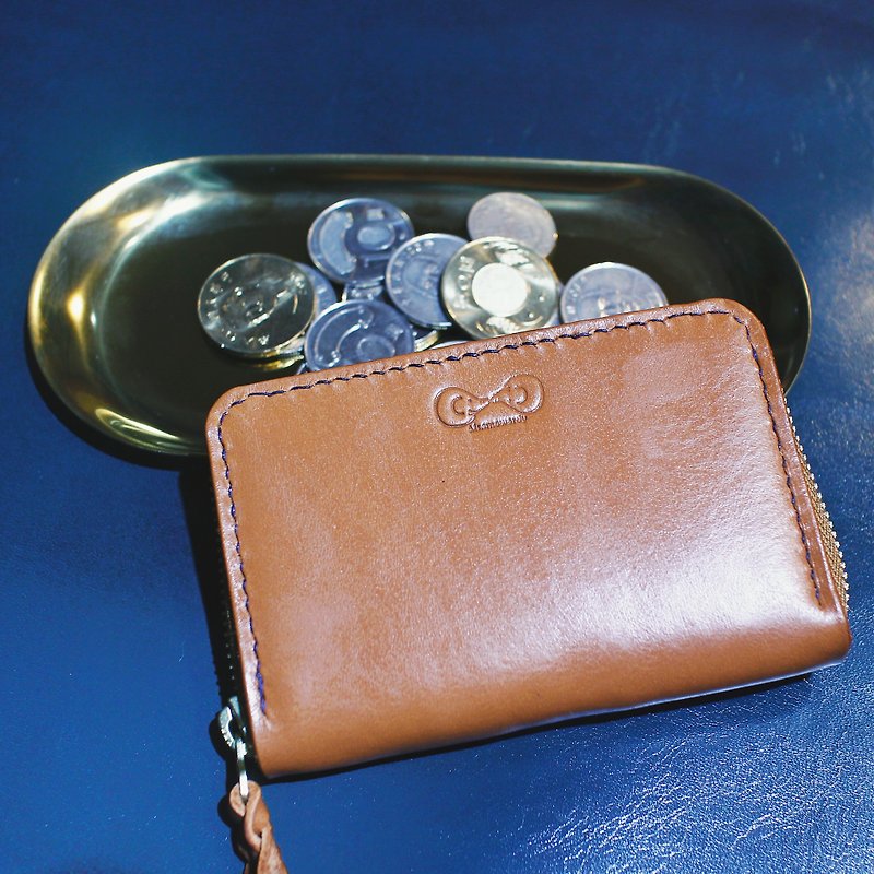 Zipper wallet 圓形拉鍊皮革錢包-黃棕色 - 長短皮夾/錢包 - 真皮 咖啡色