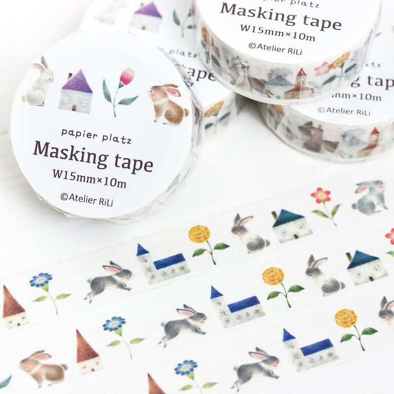 ２個セット。マスキングテープ "うさぎと色とりどりの花とお家" MT-2 - マスキングテープ - 紙 多色