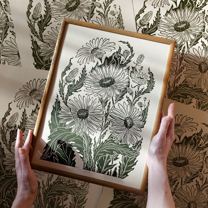Linocut Print Daisy Flower Original Artwork Spring Wall Art Living Room Decor - 壁貼/牆壁裝飾 - 紙 綠色