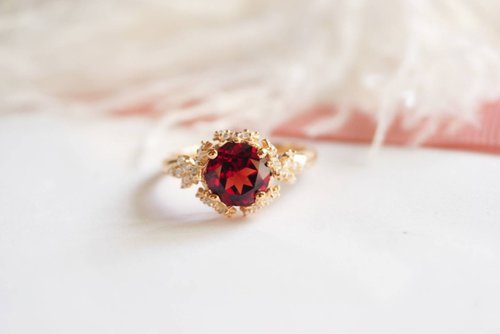 roseandmarry Natural Garnet Ring Silver 925 With 18K Gold Plated