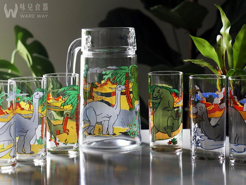 早期壺杯組－恐龍樂園 (餐具/舊貨/老物/玻璃/圖案/花樣) - 茶具/茶杯 - 玻璃 多色