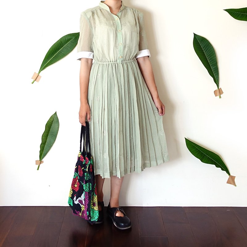 BajuTua/古著/粉綠點點雪紡洋裝 - 洋裝/連身裙 - 聚酯纖維 綠色