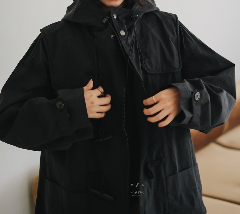 Workwear horn button long hooded jacket - 2 colors - black work - เสื้อแจ็คเก็ต - ไฟเบอร์อื่นๆ สีดำ