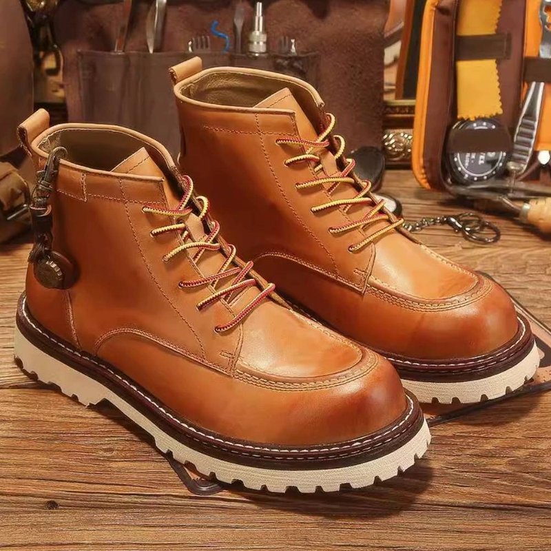 冬季新款馬丁靴男高幫英倫風美式復古真皮皮鞋休閒潮流工裝靴 - 男皮鞋 - 真皮 咖啡色