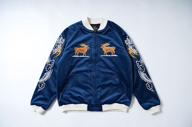 照舊古著 HOUSTON JAPAN 絲絨刺繡夾克阿拉斯加大山羊海軍 - 男夾克/外套 - 其他材質 
