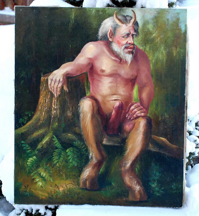 Satyr Pan Phallic Oil painting on canvas Greek Mythological God of the Wild Fau - 水瓶/水壺 - 其他材質 多色