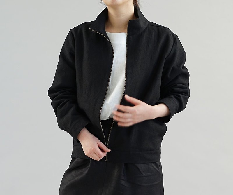 wafu  Linen jacket / blouson / long sleeve / outer wear / black  h045a-bck2 - เสื้อแจ็คเก็ต - ผ้าฝ้าย/ผ้าลินิน สีดำ