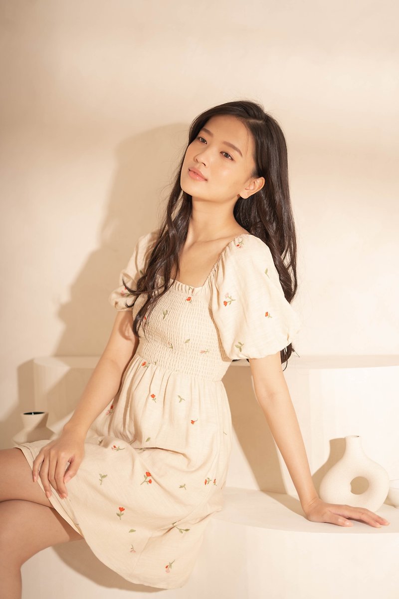 Chèrie Shirred Puff Sleeve Dress (Ivory) - One Piece Dresses - Cotton & Hemp White