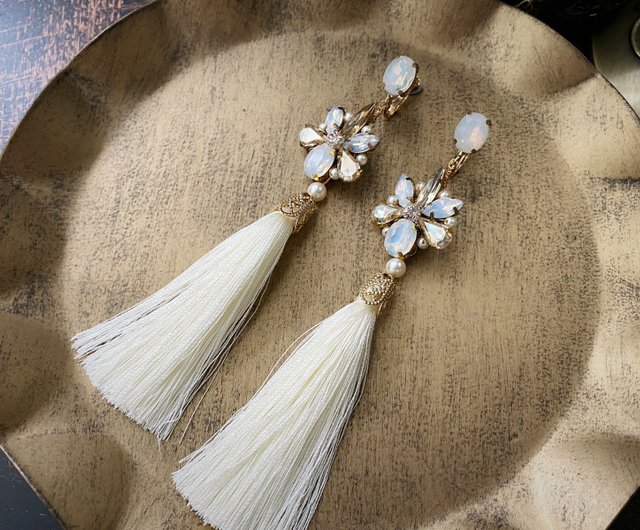 White tassel clearance clip on earrings