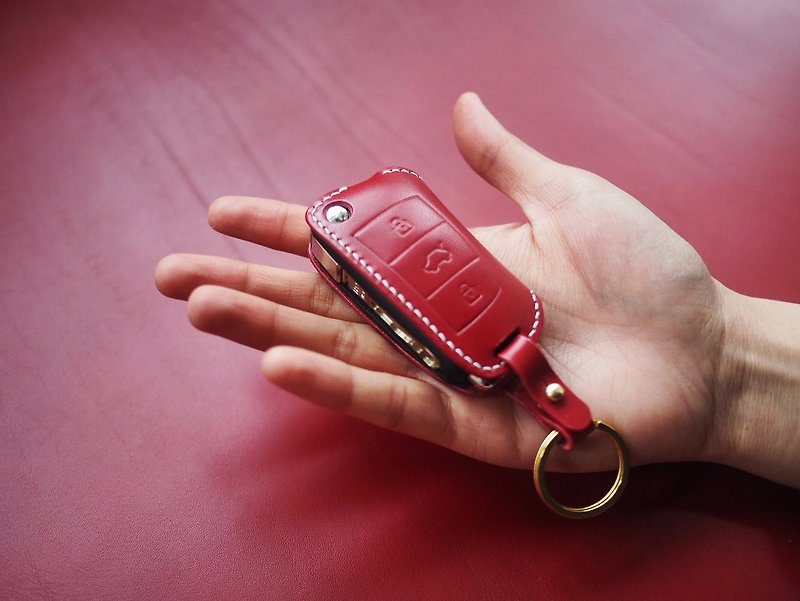 純手工牛皮奧迪Audi車鑰匙套 顏色款式可客製化 可刻字 可訂製 - 鑰匙圈/鑰匙包 - 真皮 紅色