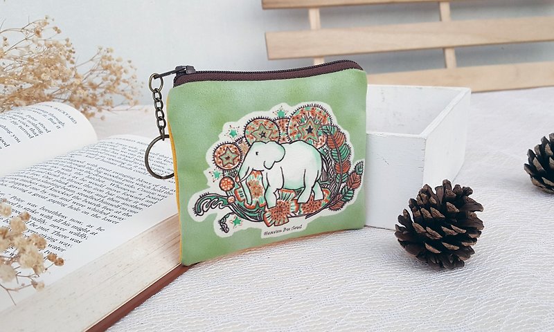 <秘境之生>象的風情畫 小 零錢包 收納 票卡 插畫 動物 - 散紙包 - 聚酯纖維 綠色