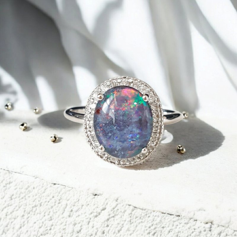 Triplet Australian Opal ring with White topaz, 925 silver setting - General Rings - Gemstone Blue