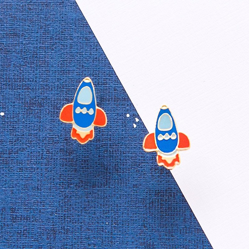Jet rocket handmade earrings Little OH! x Sweet Secret joint Clip-On birthday gift - Earrings & Clip-ons - Enamel Blue