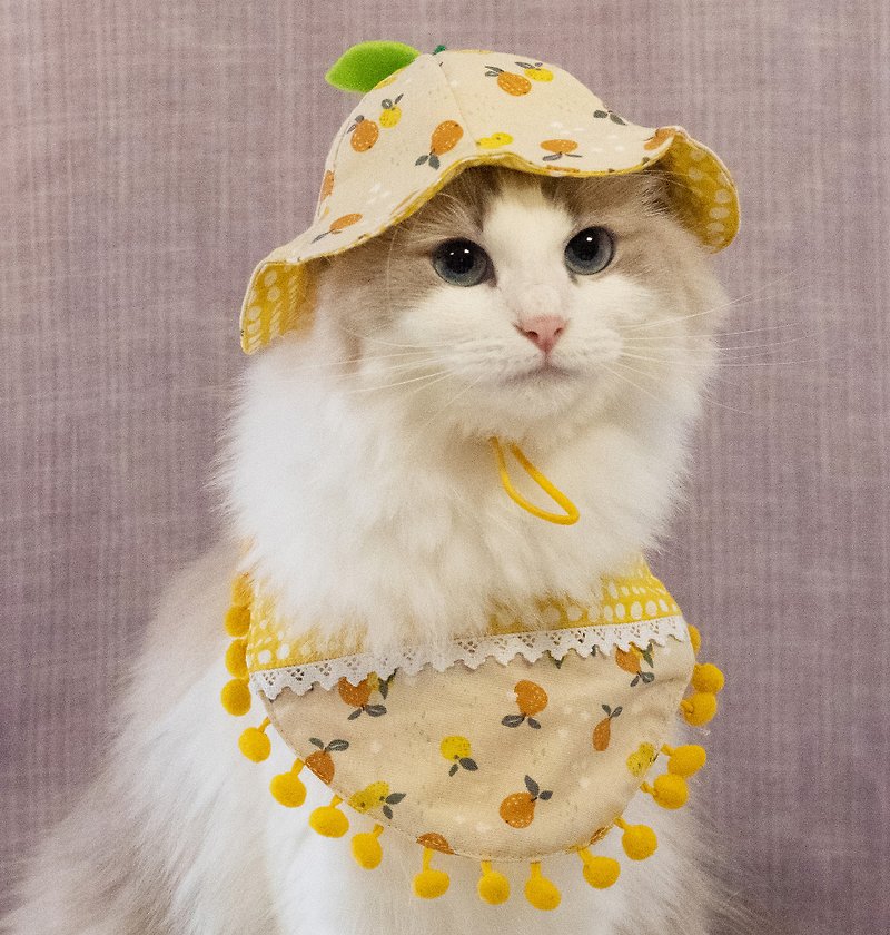 主子賣萌-水果多多系列-雙面領巾+水果帽(香橙果茶) - 寵物衣服 - 棉．麻 黃色