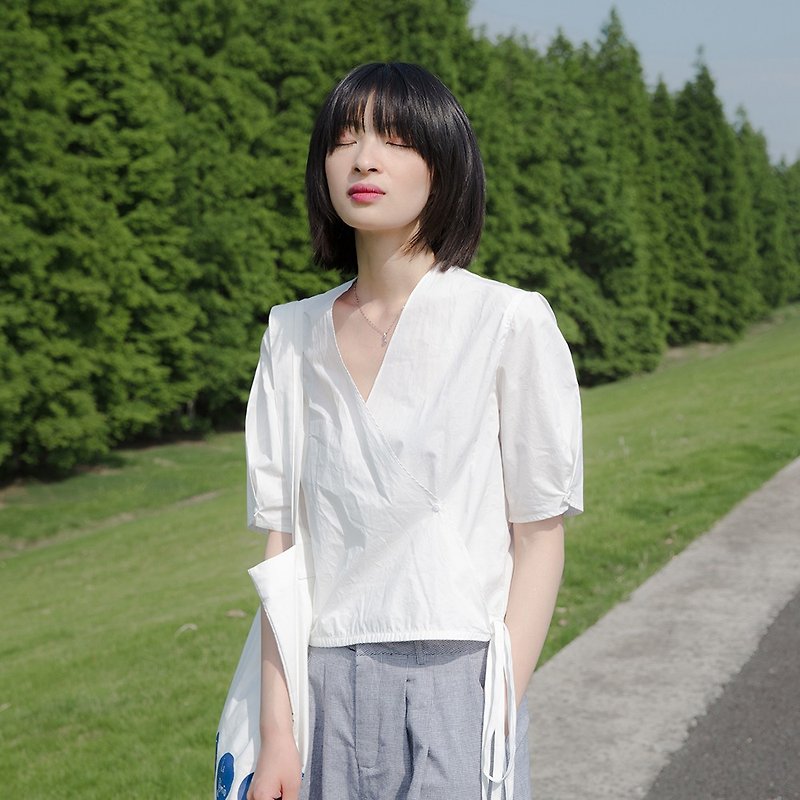 日式綁帶短袖襯衣|襯衣|棉|獨立品牌|Sora-145 - 恤衫 - 棉．麻 白色