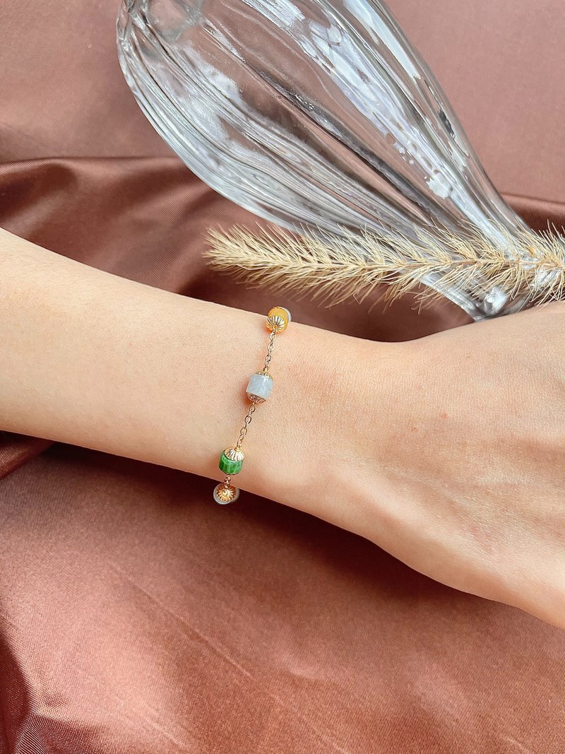 Natural Jadeite Type A - 14K Gold Filled Icy Jade Barrel Bracelet gift - สร้อยข้อมือ - หยก หลากหลายสี