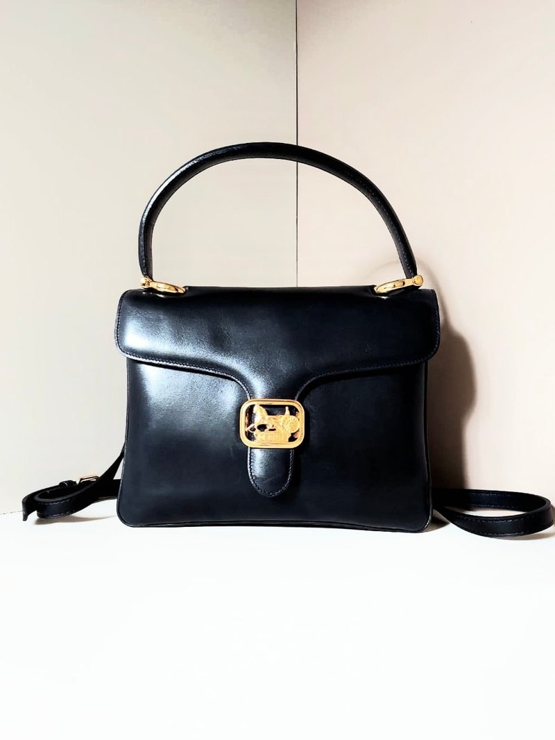 LA LUNE-Rare second-hand Celine carriage black leather shoulder side cross armpit bag handbag - กระเป๋าแมสเซนเจอร์ - หนังแท้ สีดำ