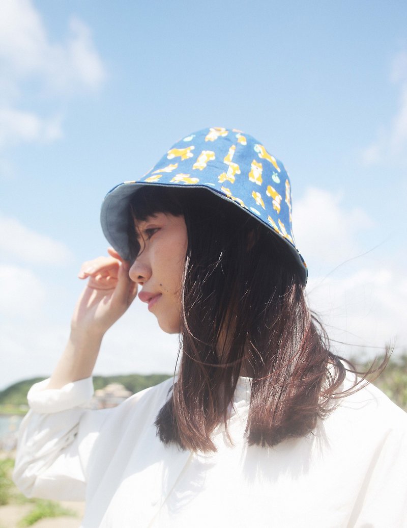 Double-sided hat _ Blue Shiba Inu - Hats & Caps - Cotton & Hemp Blue