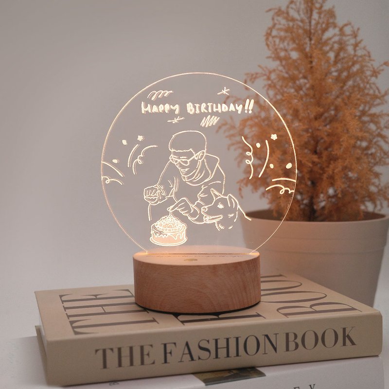 客製化 原木底座夜燈 暖黃光 無限觸控夜燈 紀念禮物 寵物 情侶禮 - 燈具/燈飾 - 壓克力 
