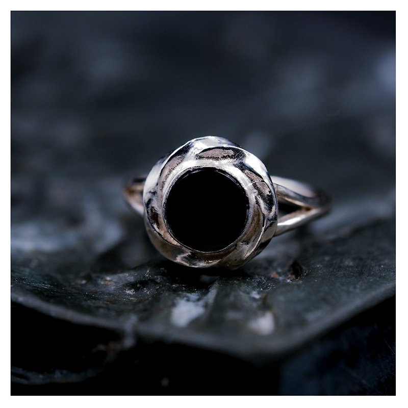 黑瑪瑙月光石花戒指 - 戒指 - 純銀 銀色