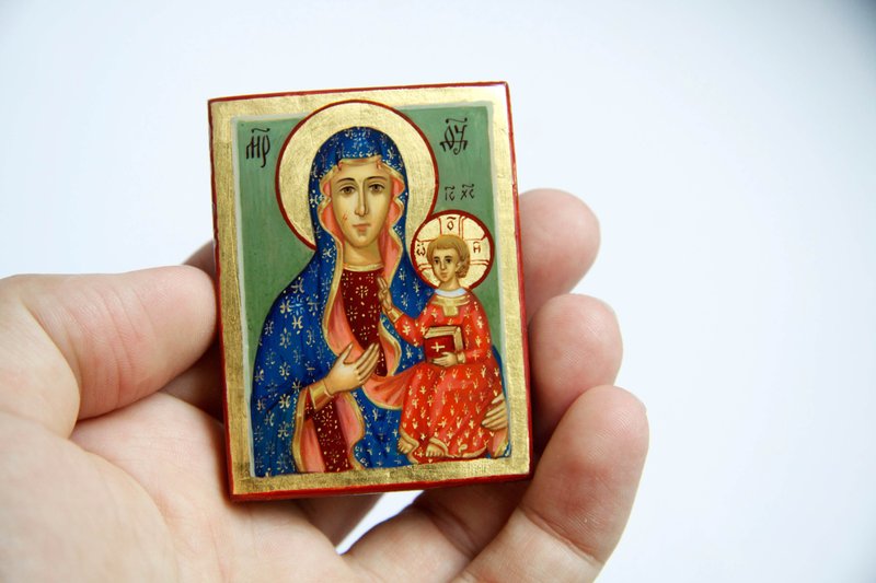 hand painted orthodox christian Virgin Mary Czestochowa Icon  Mother of God - 其他 - 木頭 藍色