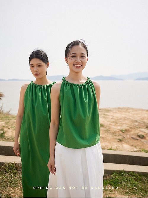 vitatha 番塔塔 大滿足的綠色 必入 手縫麥穗挂脖系帶上衣/洋裝 環保棉天然纖維染