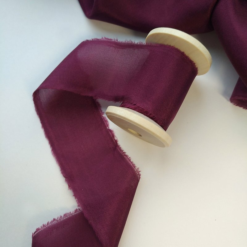 Burgundy Silk Ribbon | Hand Dyed Silk Ribbon on Wood Spool - วัสดุห่อของขวัญ - ผ้าไหม สีแดง
