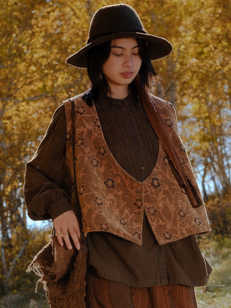 印花 復古提花梅花燈芯絨寬百搭休閒 馬甲馬夾 - 女大衣/外套 - 其他人造纖維 咖啡色