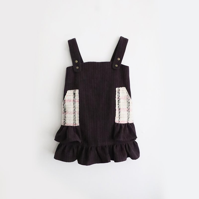 Lotus leaf suspenders plaid pocket work skirt - Kids' Dresses - Cotton & Hemp Purple