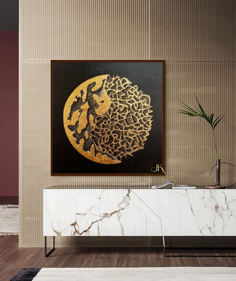 Large Abstract Black gold painting on canvas Textured painting - 壁貼/牆壁裝飾 - 棉．麻 黑色