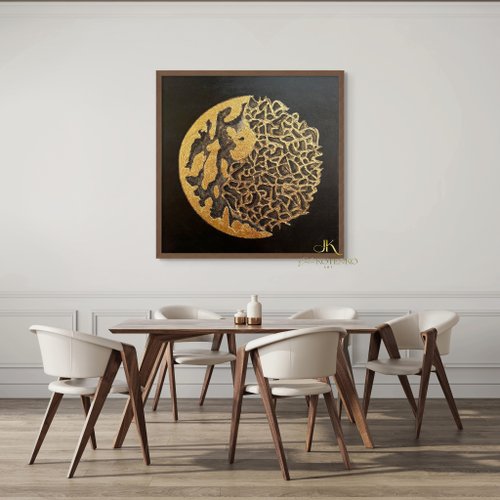 キャンバスに描かれた大きな抽象画、黒と金の絵画、テクスチャー