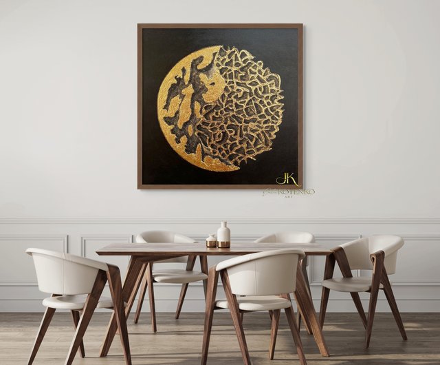 キャンバスに描かれた大きな抽象画、黒と金の絵画、テクスチャー