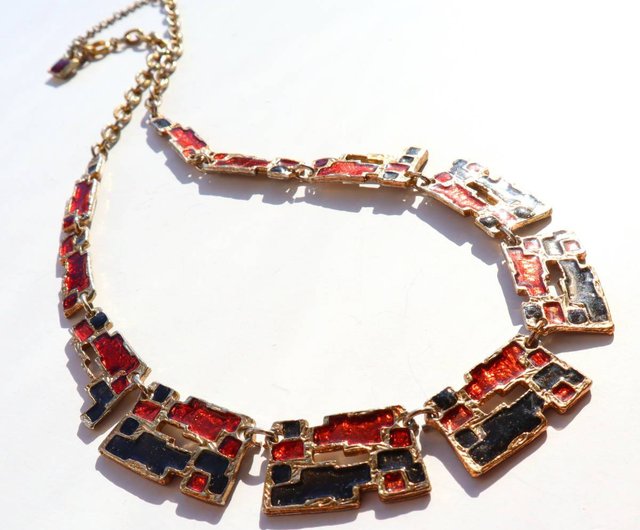 70s vintage gold orange black enamel necklace - Shop panic-art 