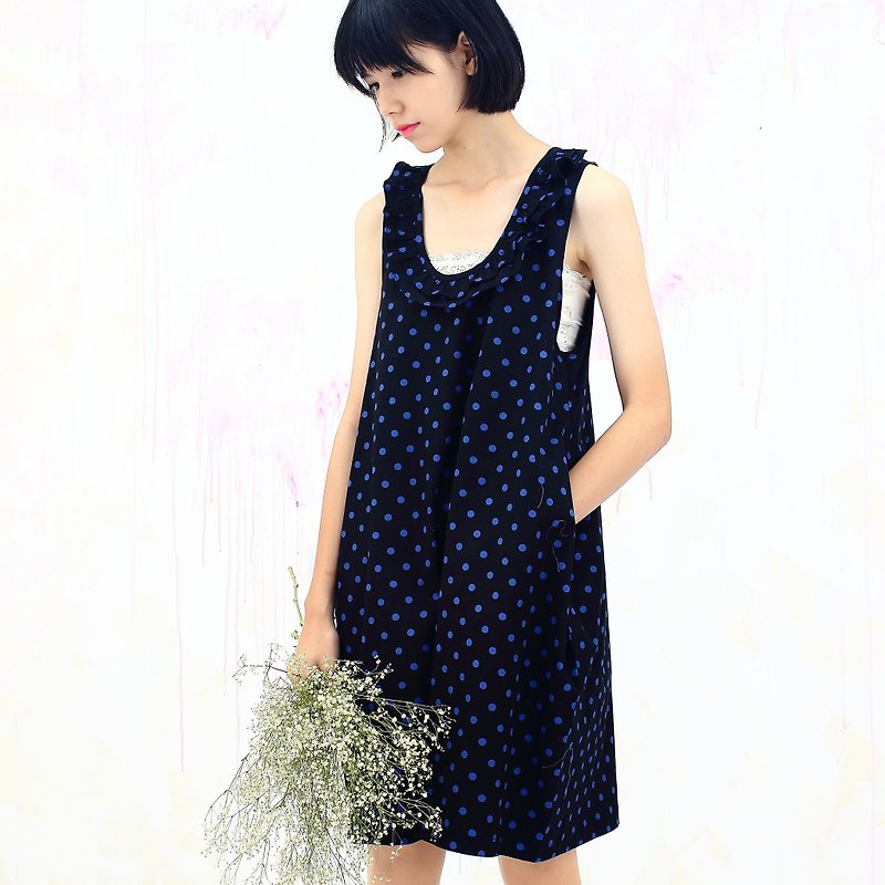 Pop and  blue cotton dress  / Summer dress with pockets/vest dress - ชุดเดรส - ผ้าฝ้าย/ผ้าลินิน สีน้ำเงิน