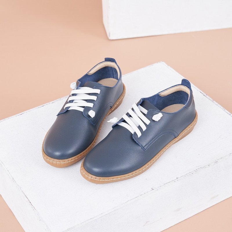 Wide last_round toe elastic band casual shoes dark blue - Women's Casual Shoes - Genuine Leather Blue