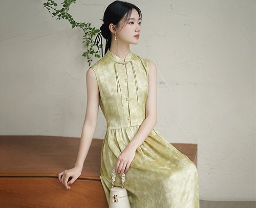 初蟬 新中式復古中國風 A擺寬鬆無袖提花洋裝