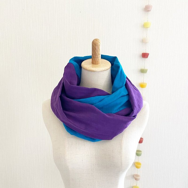 Made in Japan Soft and dreamy snood bicolor turquoise purple of high quality double gauze - Knit Scarves & Wraps - Cotton & Hemp Multicolor