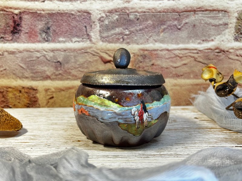 Hand-made hand-kneaded pottery firewood-fired glazed painted portable small tea warehouse coffee can storage pot pottery pot - กล่องเก็บของ - ดินเผา 