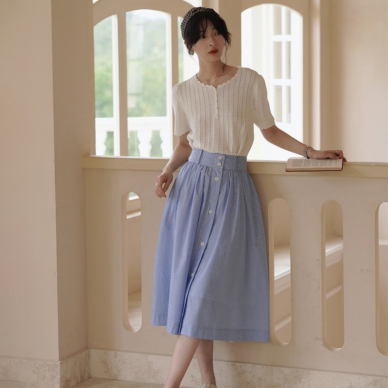 藍色條紋半裙|裙子|夏款|Sora-978 - 裙子/長裙 - 其他人造纖維 藍色
