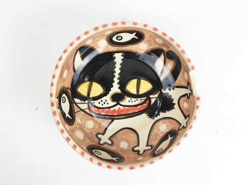 Nice Little Clay handmade shallow bowl happy cat 02011-06 - ถ้วยชาม - ดินเผา สีนำ้ตาล