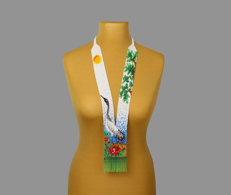 Bird beaded necklace statement seed bead long necklace - 項鍊 - 玻璃 白色