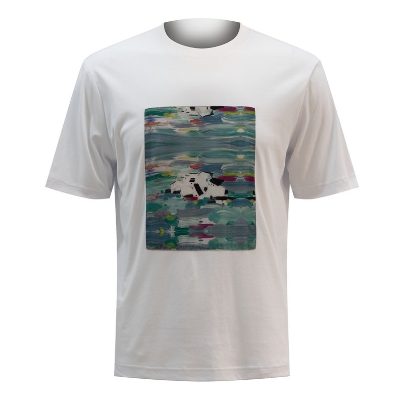 SPARKLE BY KAREN CHAN x HKMoA【LAKE ABODE】100% Cotton Tee Shirt with Silk Front - Men's T-Shirts & Tops - Cotton & Hemp White