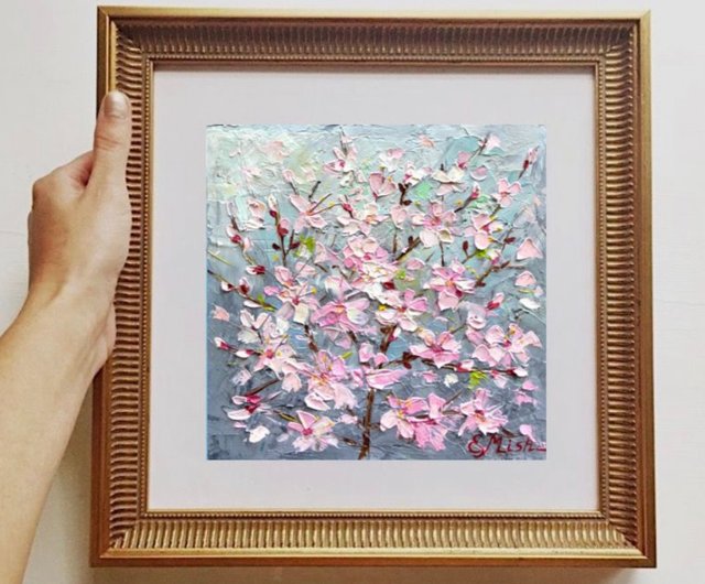 手描き油絵 加治 秀雄 里の桜に富士 F6 画家本人手描き 絵画 額