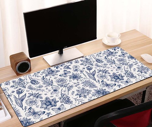 一人窩 SINGLE NEST 多用途防水止滑辦公桌墊滑鼠墊餐墊(可來圖客製尺寸)藍色復古印花