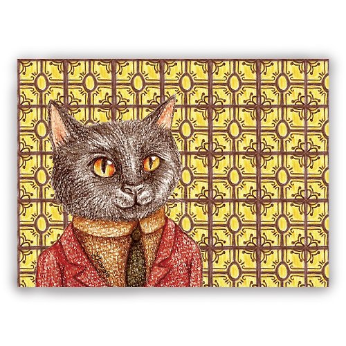DuDo Shop 土豆屋 手繪插畫萬用卡/明信片/卡片/插畫卡--復古磁磚01+紅西裝黑貓