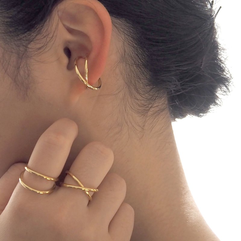 | 2way | Simple gold ring cuff | Cross double | Ring size 12 | EC30・31 - Earrings & Clip-ons - Other Metals Gold