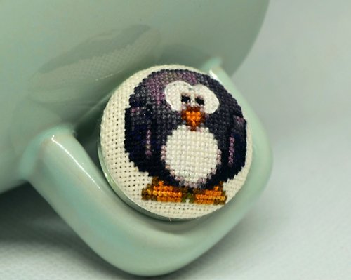 TomasCross 黑企鵝刺繡戒指十字繡動物飾品手工生日禮物