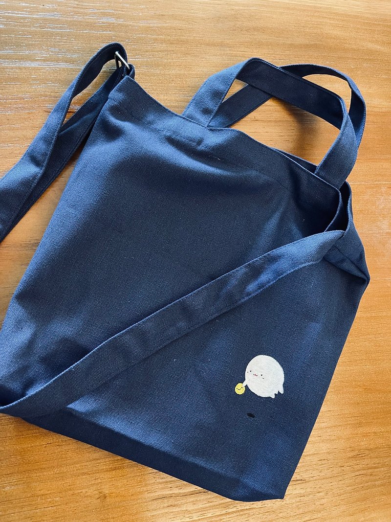 Ghost baby canvas bag handbag shoulder bag dual-use hand-painted canvas bag / pick up happy - Messenger Bags & Sling Bags - Cotton & Hemp Blue